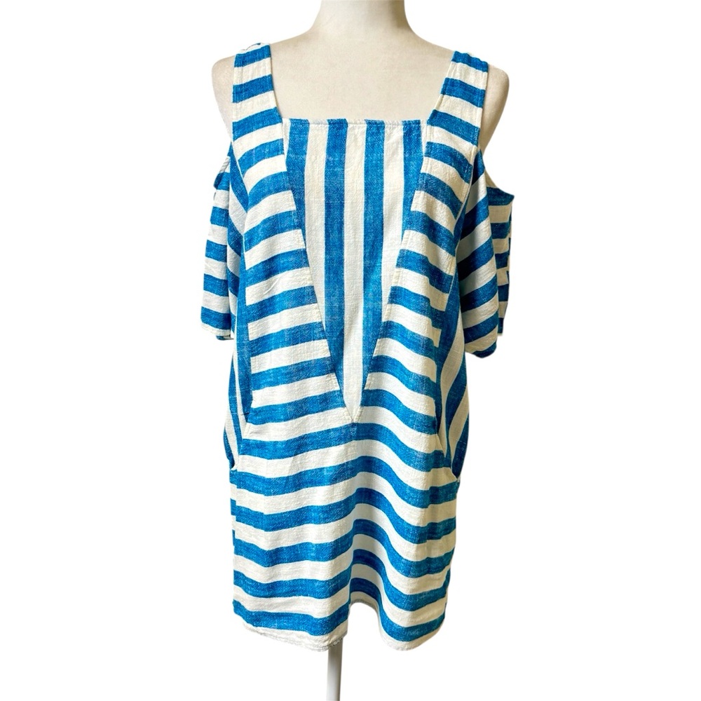 Soft Surroundings Blue Sunset Linen Tunic Cold Shoulder with Pockets sz Small